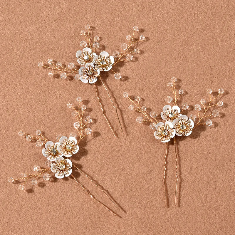 3pcs White Flower U Shaped Hairpin Pearl Elegant