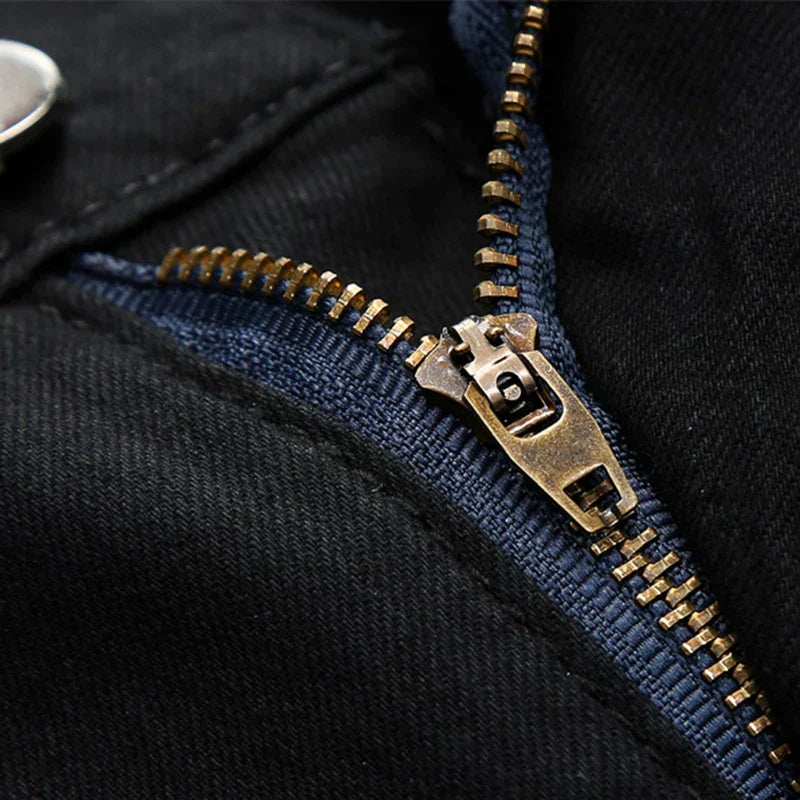 Men Jeans Knee Hole Design Denim Pants Black