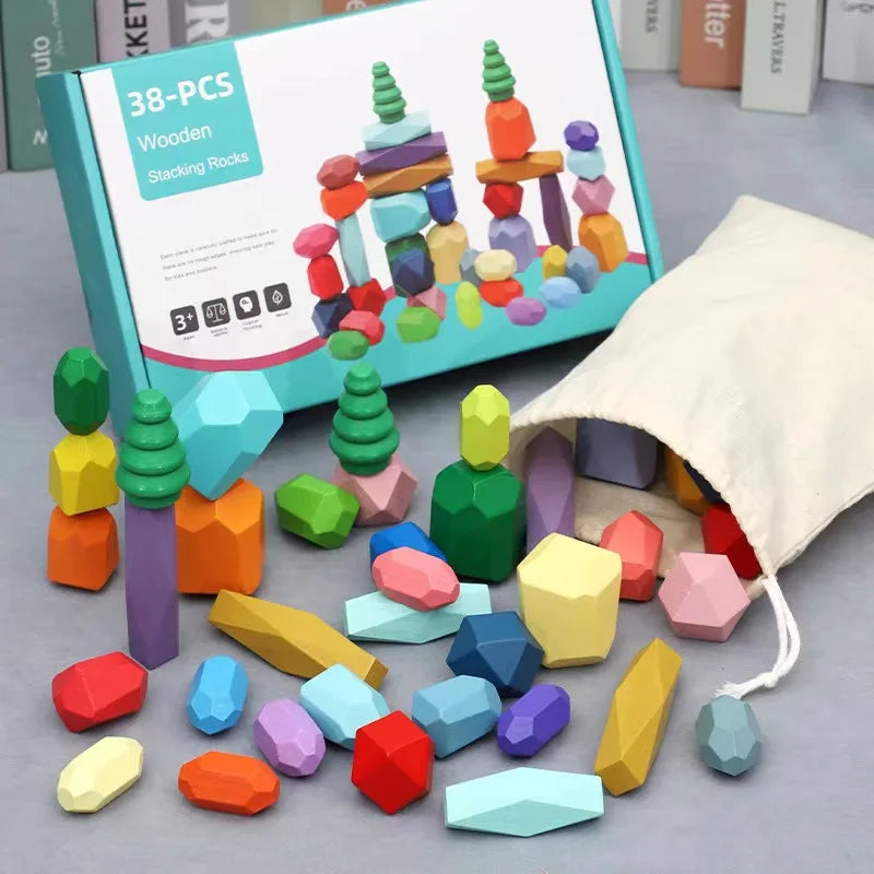 Montessori Rainbow Wooden Stone Stacking Blocks Stapelstenen Balans