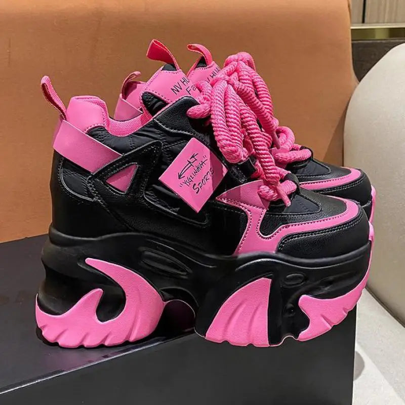 Fashion 10cm High Platform Sneakers Thick Sole Lace-up Chunky Sneakers Women Spring Wedges Hidden Heels Increase Casual Shoes