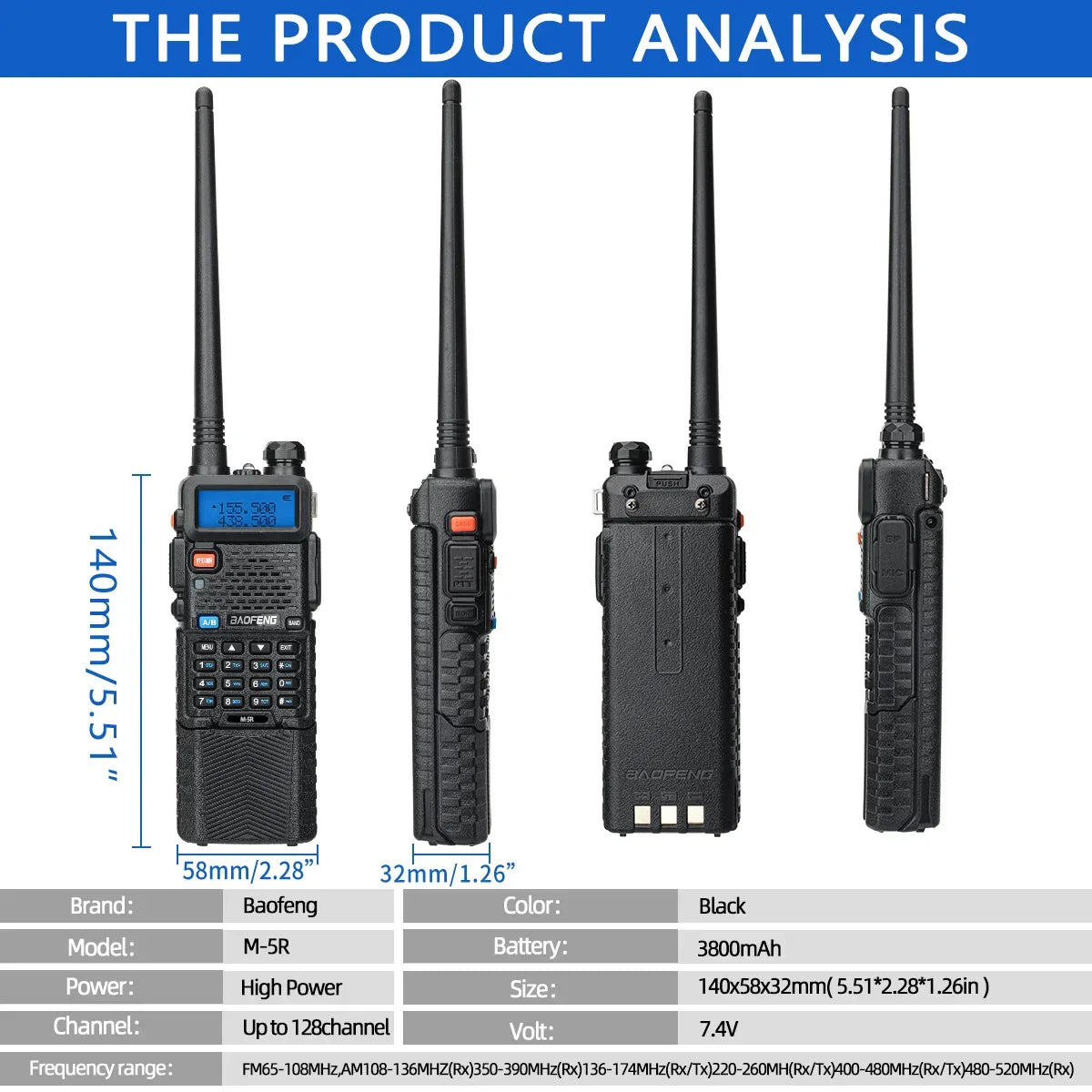 1/2PCS Baofeng M-5R Walkie Talkie Air Band 3800mAh