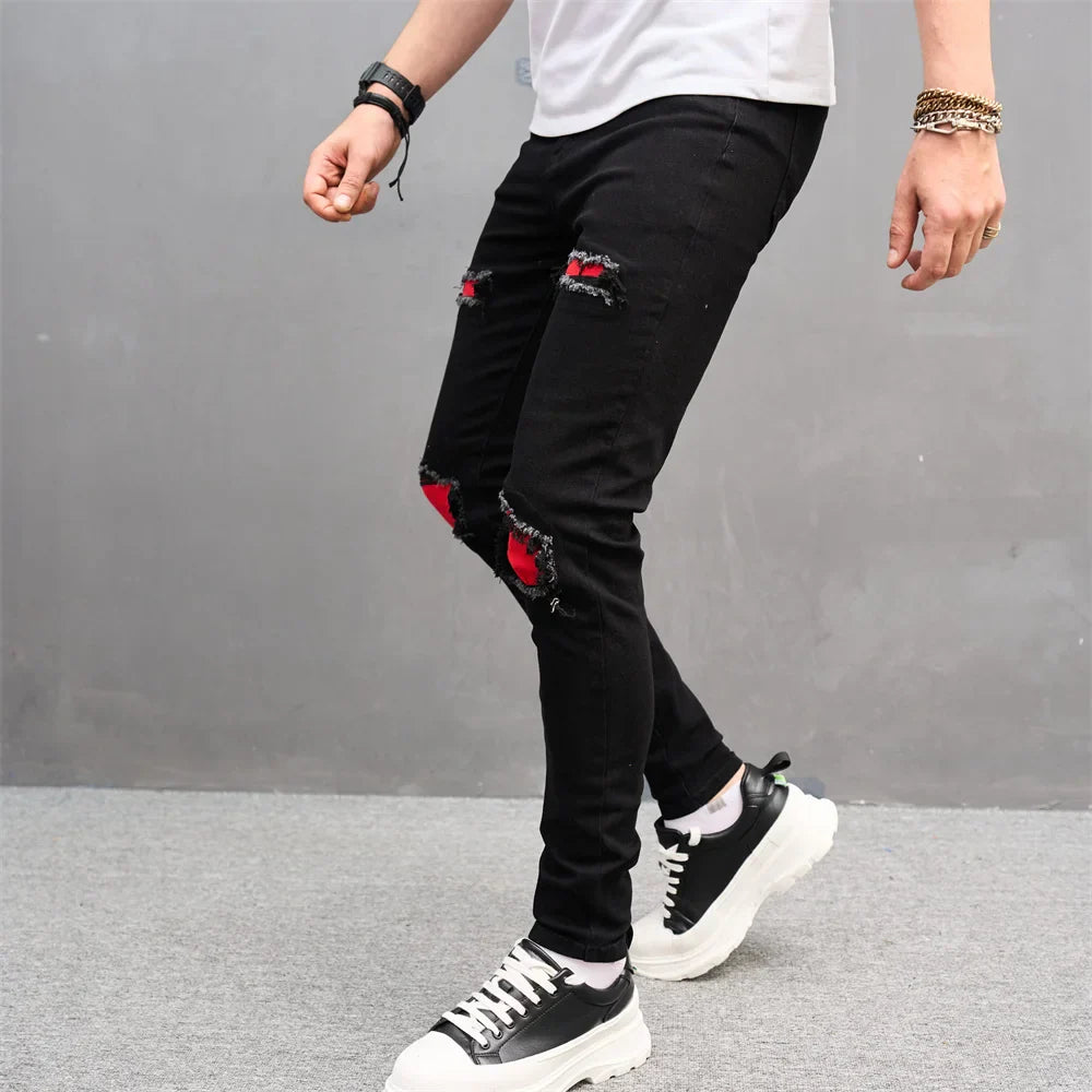 New Men Streetwear Ripped Slim Patch Stylish Jeans