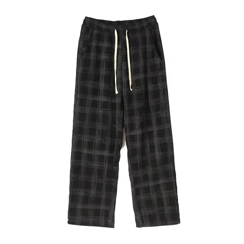 Men Checkered Casual Pants Loose Straight Corduroy Pants