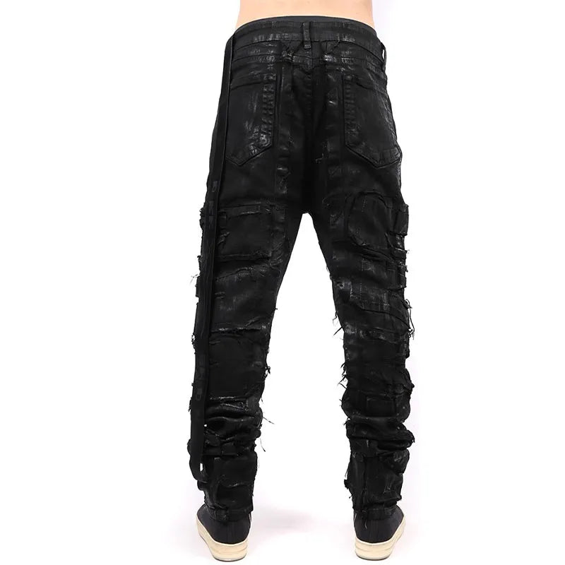 Dark Coating Wax Brushing Erosion Hole Jeans Men