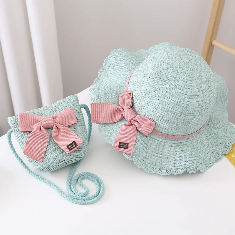 2pcs Set Summer Straw Hat With Bag For