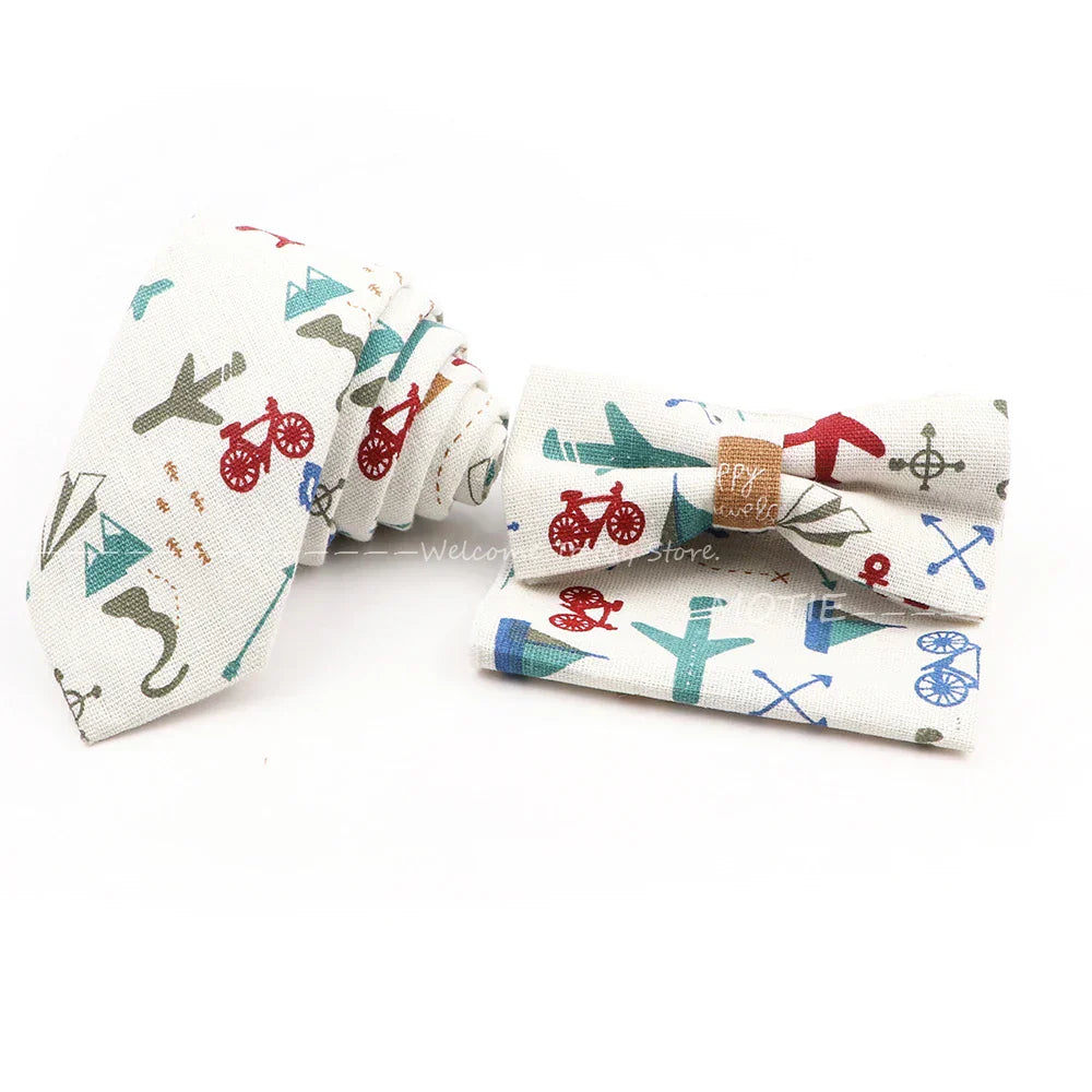 Men Linen Plant Ainmal Ties Set Pocket Handkerchief