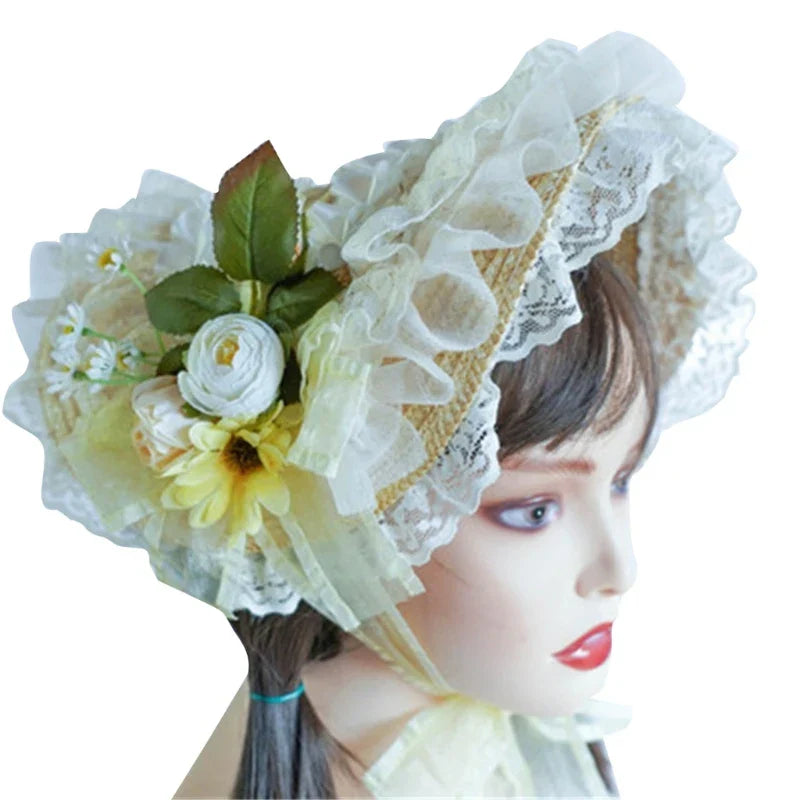 Japanese Lolita Sweet Handmade Straw Sun Hat Lace