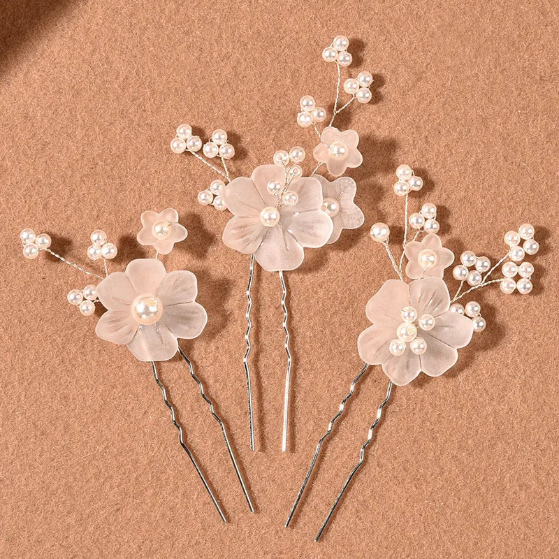 3pcs White Flower U Shaped Hairpin Pearl Elegant