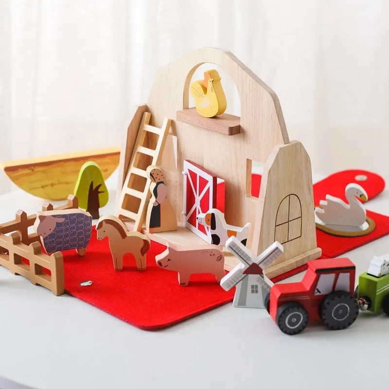 Montessori Baby Wooden Block Toys Barn Model Stacking