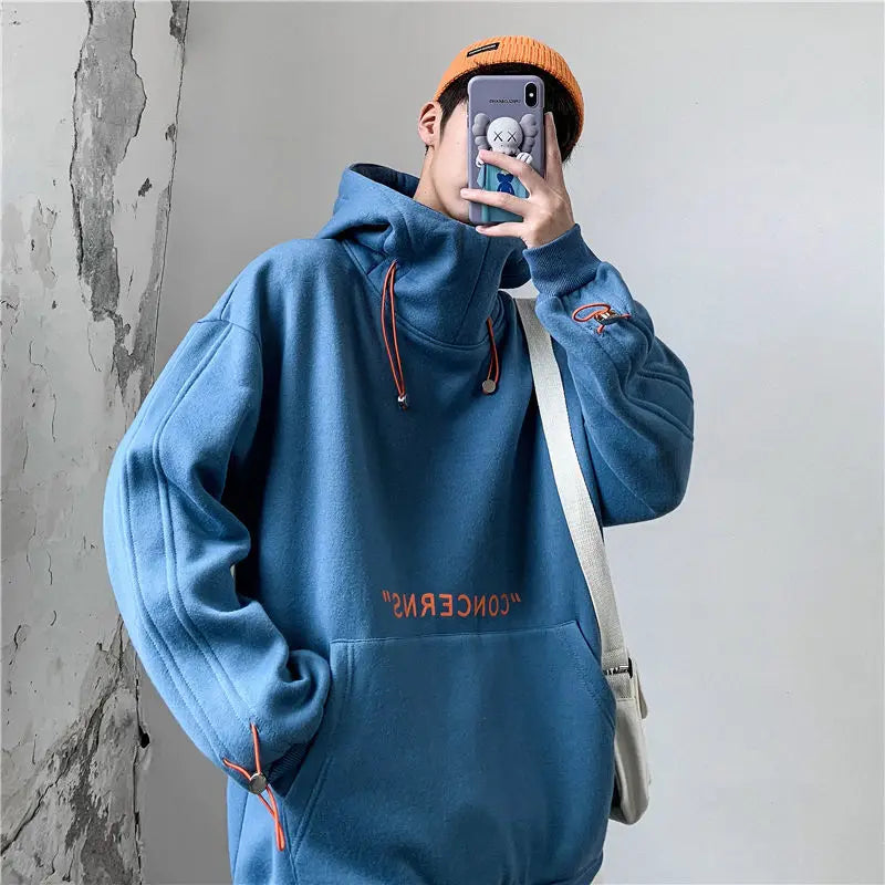 Men's Clothing Blue Turtleneck Sweatshirts for Man Hooded