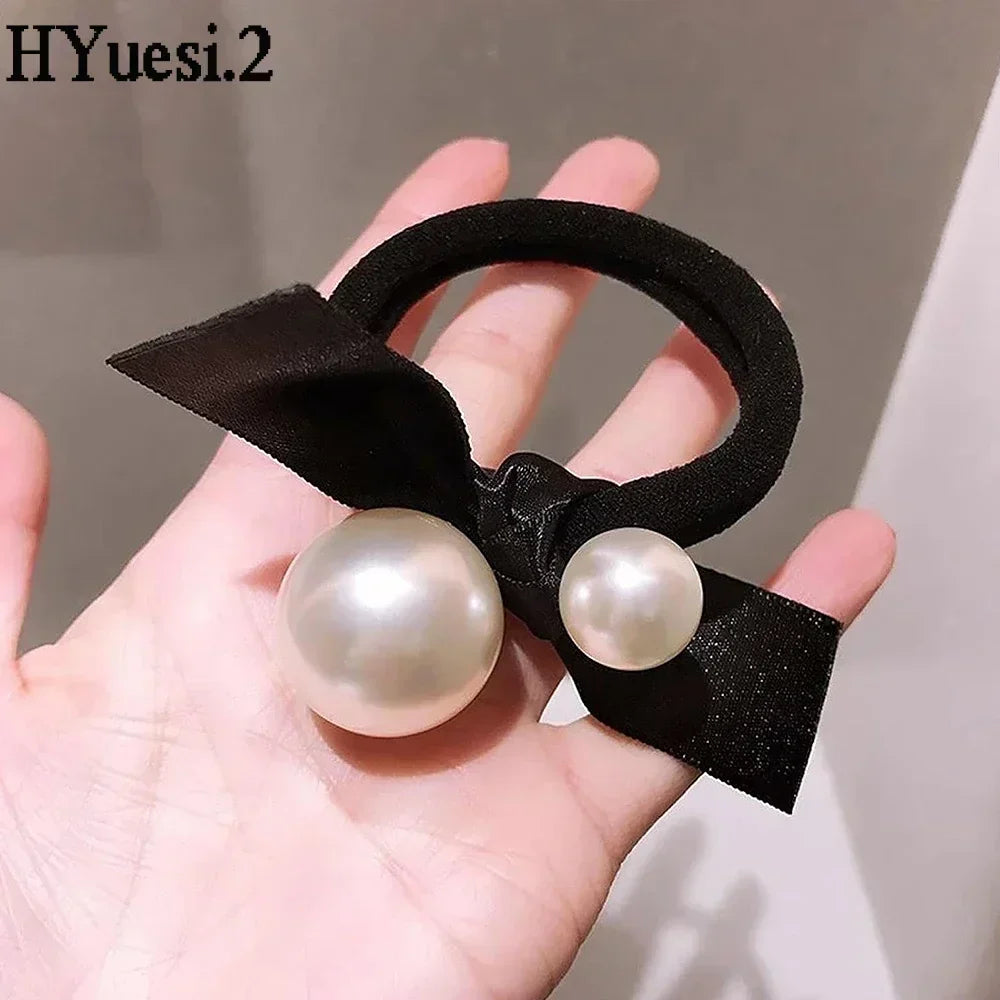 Fashion Seamless Black Hair Ties Rope Simple Pearl