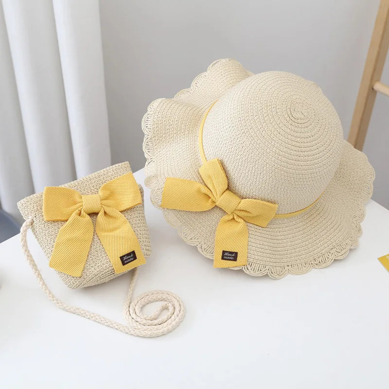 2pcs Set Summer Straw Hat With Bag For