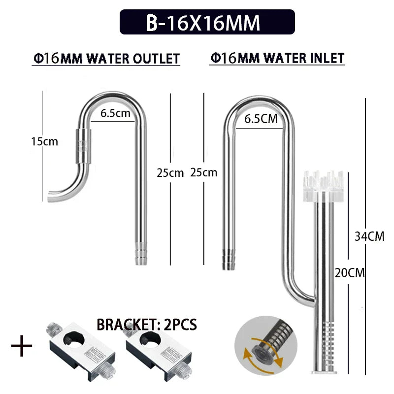 Aquarium 12/16mm stainless steel lily tube, inlet and