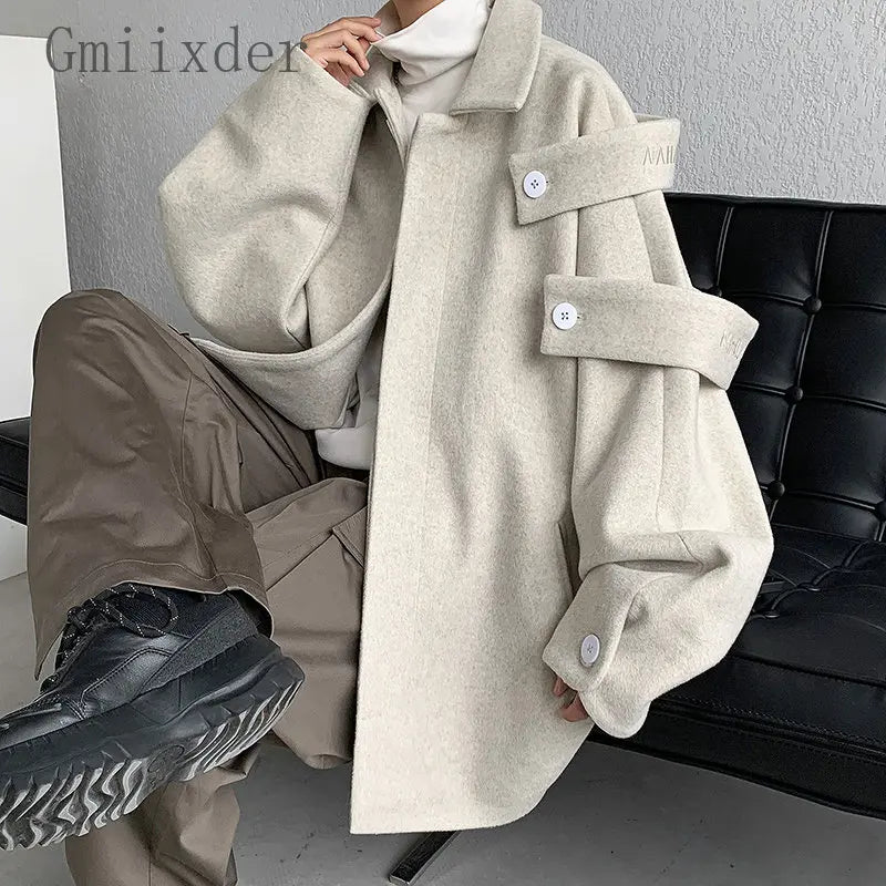 Gmiixder Streetwear Woolen Coat Men's 2023 Autumn Winter