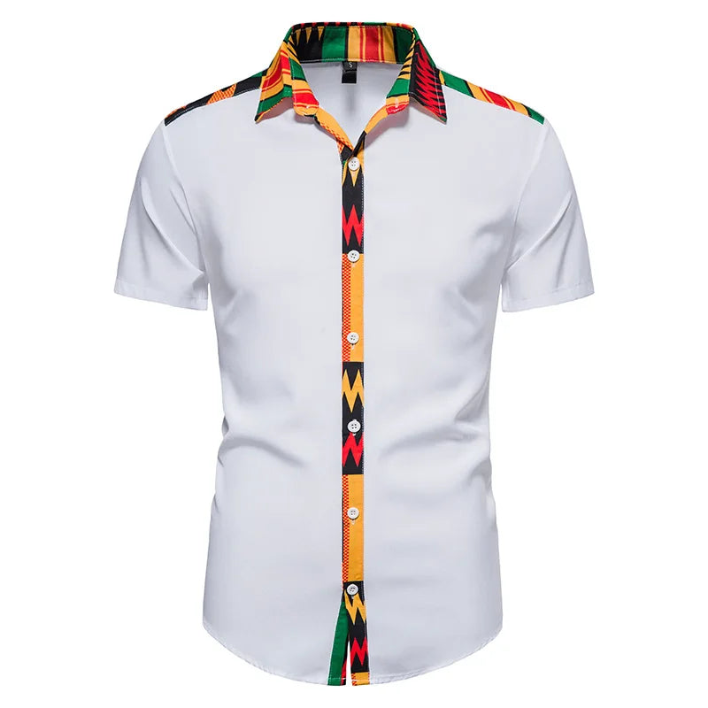 African Kente Print Shirt Short Sleeves Summer Men's