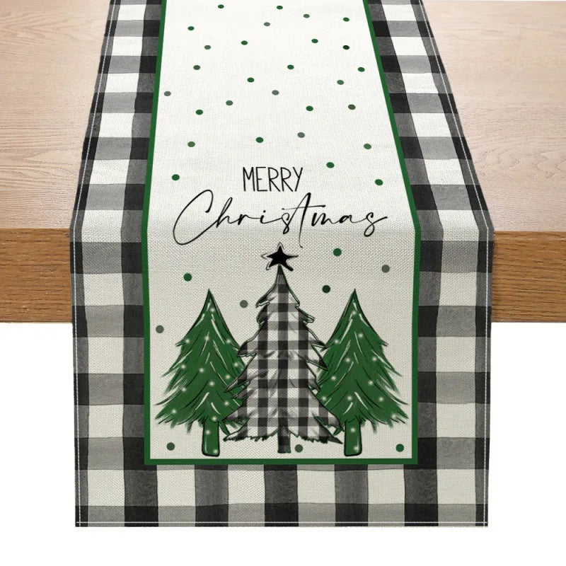 Linen Christmas Table Runner Snowman Xmas Tree Home