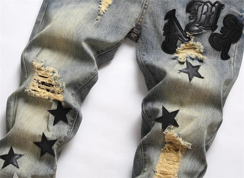 usa style Man's Jeans Five-pointed Star Torn Patches