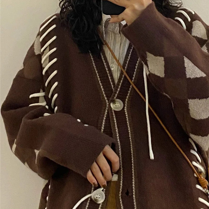 Men Casual Sweater Set Vintage Checkerboard Cardigan+Striped Long