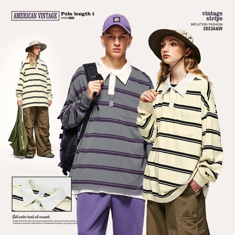 INFLATION Cityboy Striped Oversized Rugby T-Shirt Unisex Harajuku
