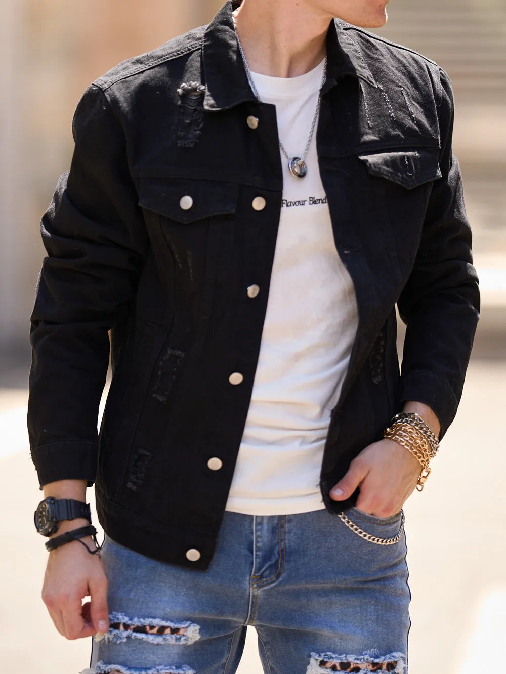 2023 Men Streetwear Fashion Slim Denim Jacket High