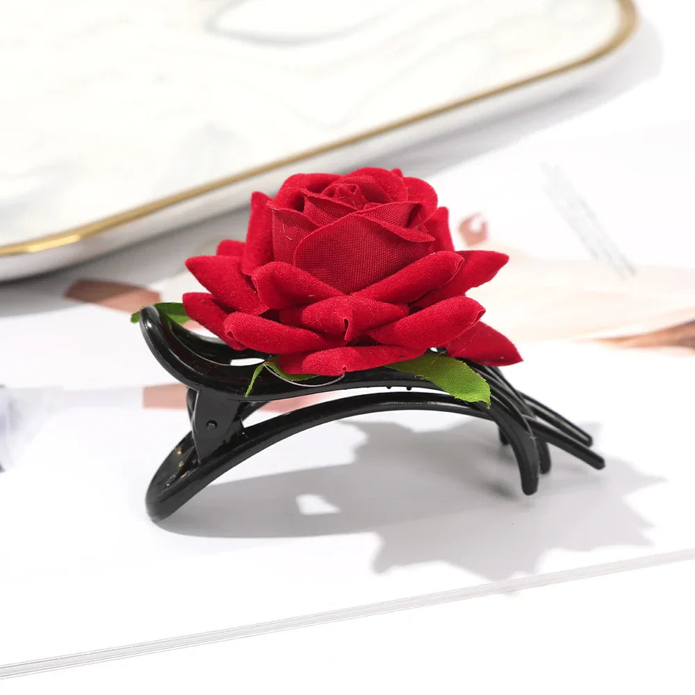 AWAYTR Flower Red Rose Claw Clip Girl Women