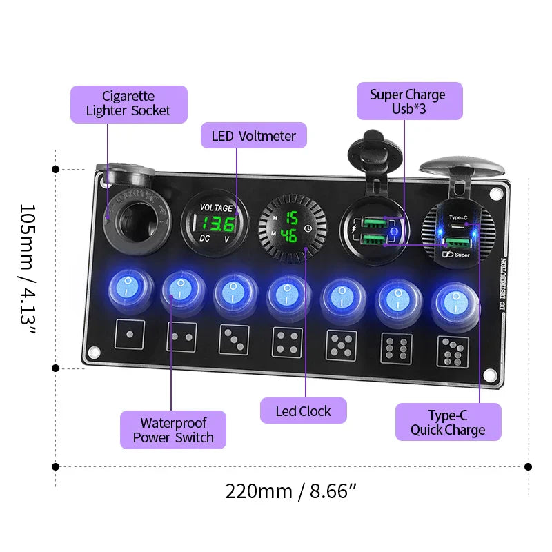 12V 7 Gang ONOff Rocker Toggle Switch Panel