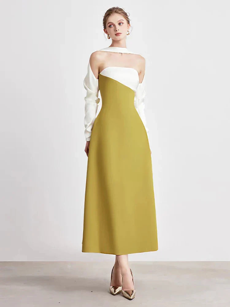 DEAT Elegant Dress Strapless Off Shoulder Contrast Color