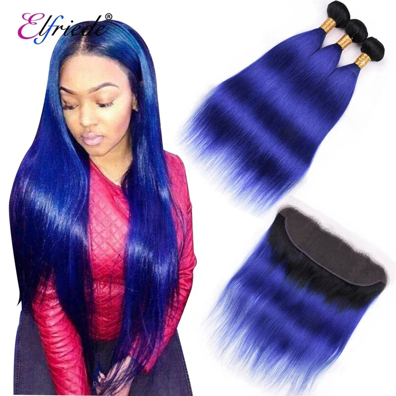 Elfriede 1BBlue Straight Ombre Colored Hair Bundles with