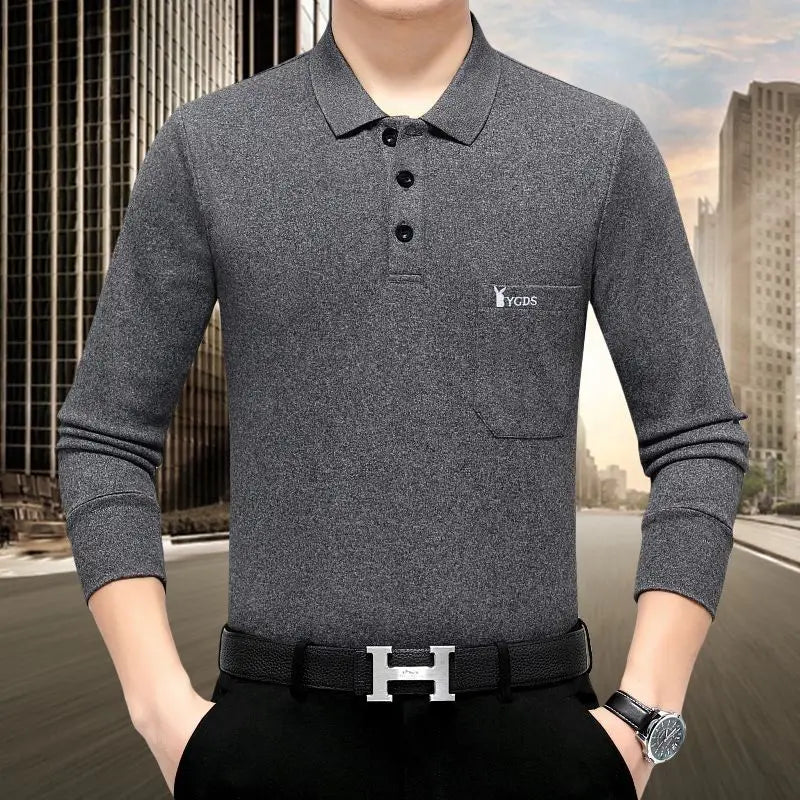 Mens Spring Autumn Solid Pullover Turndown Collar Button