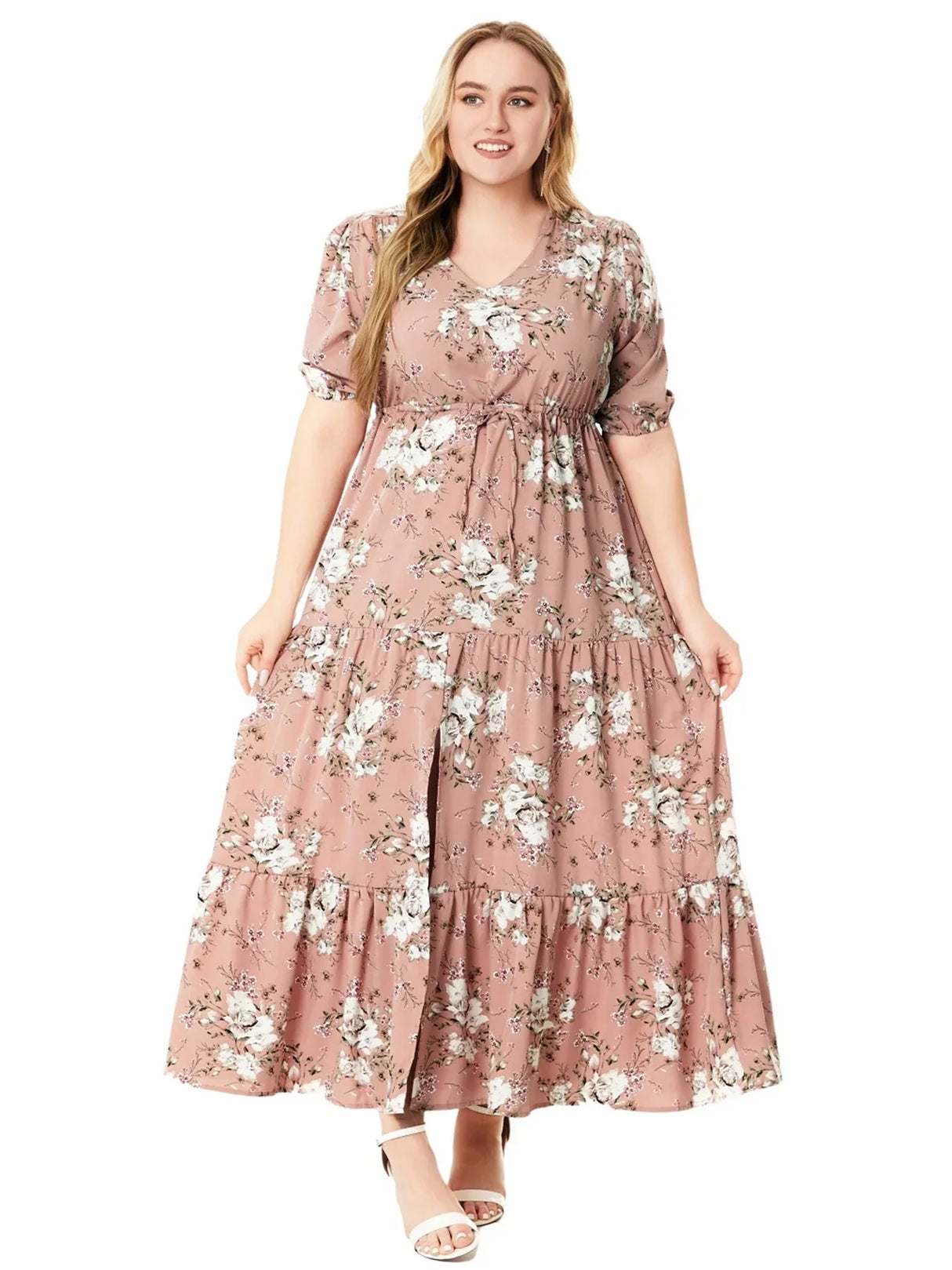 Plus Size Floral Print Half Sleeve Split Hem