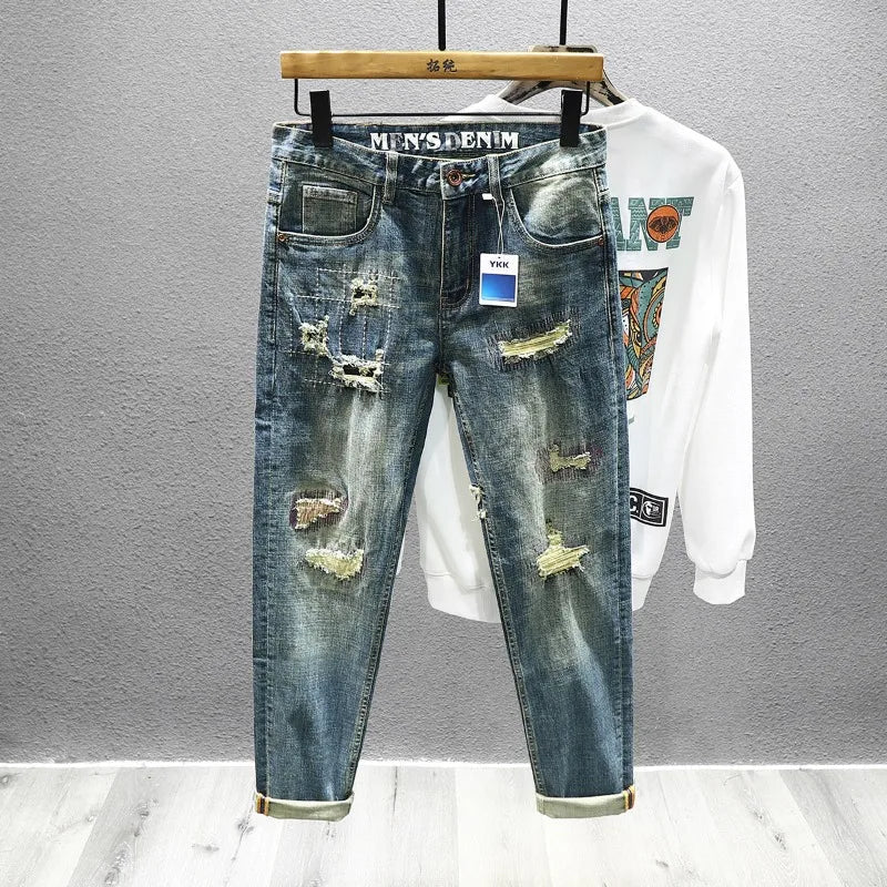 Streetwear Ripped Jeans Men's American Slim Stretch Fashion