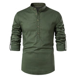 White Roll Up Mandarin Collar Dress Shirt Men