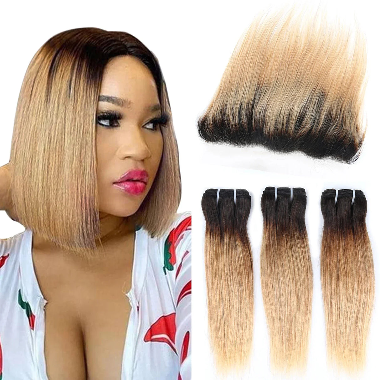Ombre Burgundy Red Brazilian Straight Bundles with Frontal