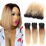 Ombre Burgundy Red Brazilian Straight Bundles with Frontal