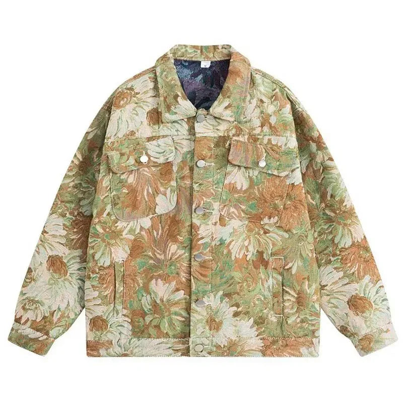 Full Flowers Jacquard Denim Jacket Men Korean Fashion