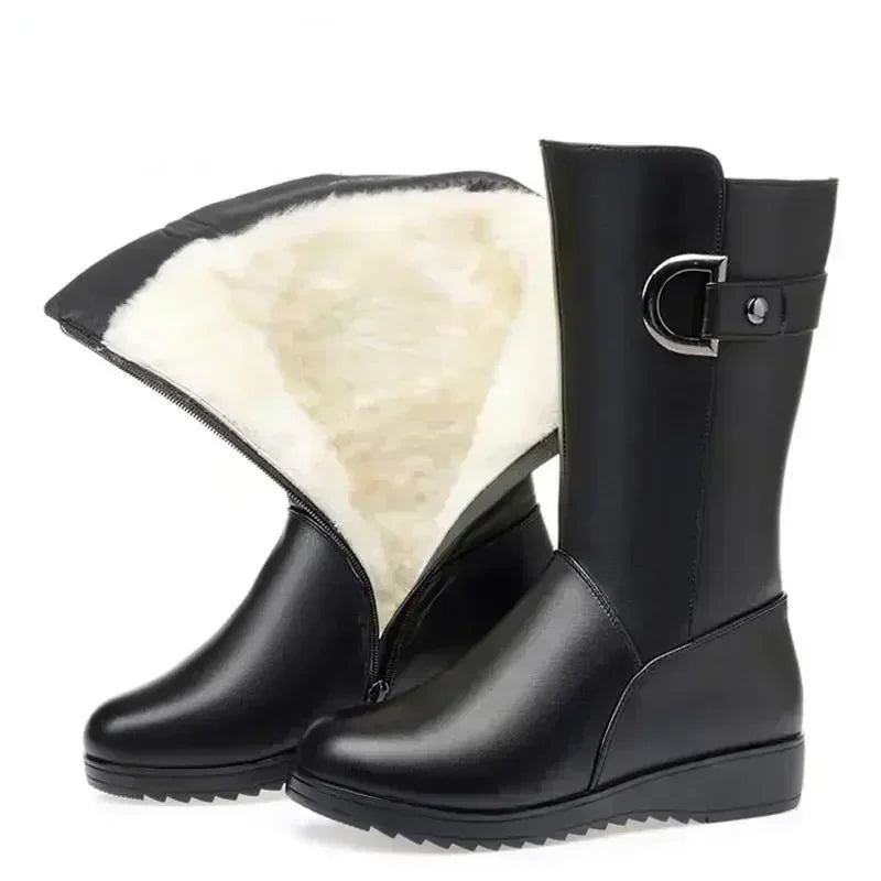 2023 Winter Leather Women Winter Boots Thick Wool