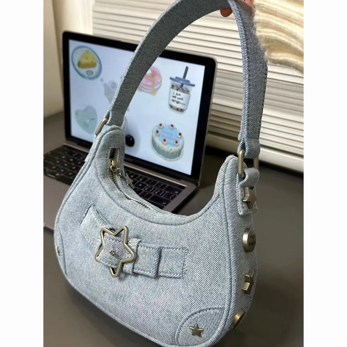 Y2K Star Pattern Denim Shoulder Bag for Women Luxury Designer Cool Girls Blue Underarm Wand Handbag Korean Style Small Purse