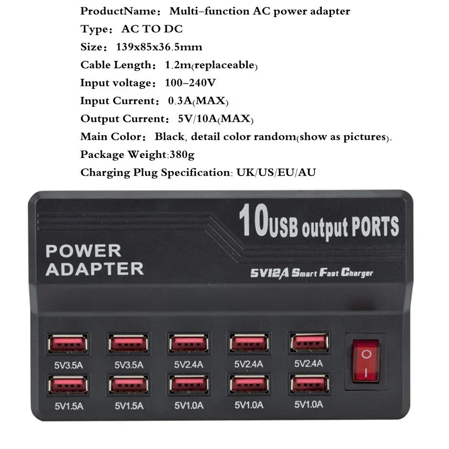 HUB 10 USB multi-port charger Fast charging for