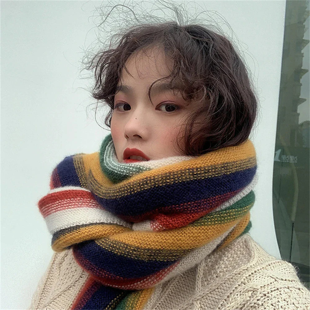 Rainbow Knit Scarf for Women Winter Thick Cashmere