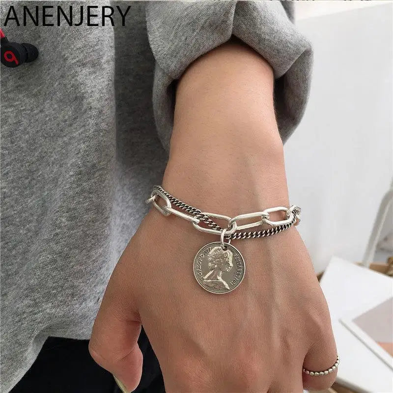 ANENJERY Silver Color Round Coin Bracelet for Women