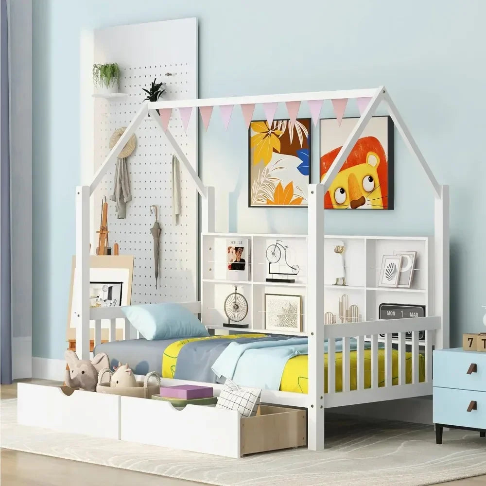 Twin Room Bed with Drawers for Children, Wooden