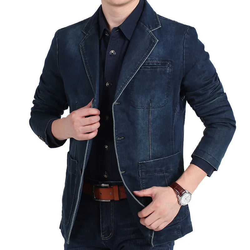 Mens Denim Blazer Men Fashion Cotton Vintage Suit