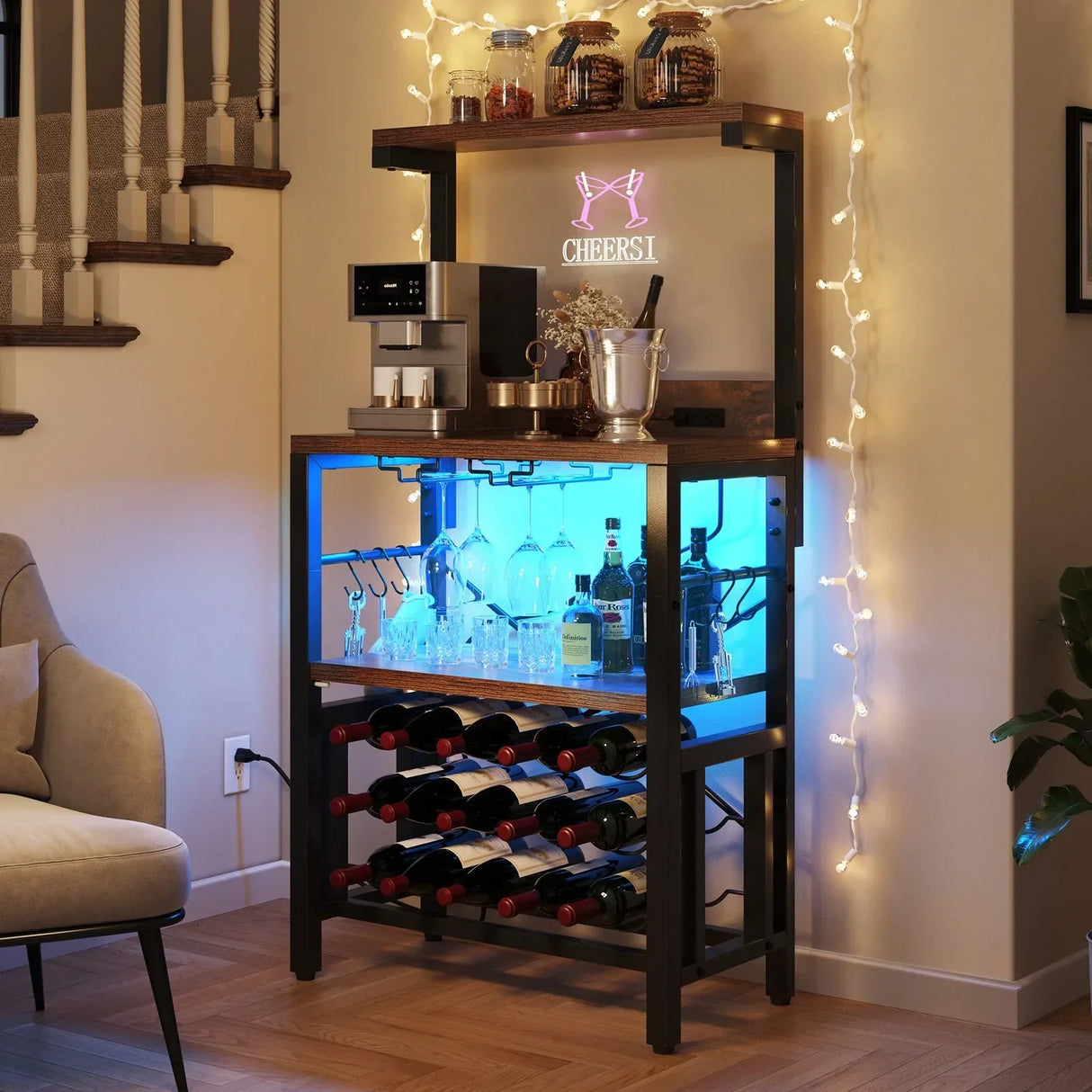 Kitchen Island with Storage, Bakers Rack with Power