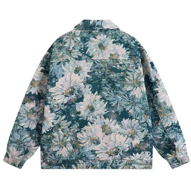 Full Flowers Jacquard Denim Jacket Men Korean Fashion