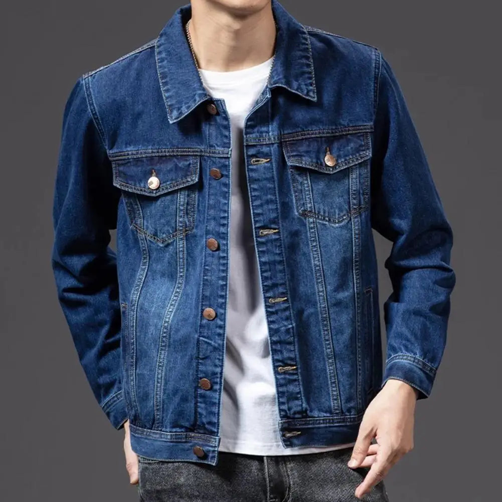 Men Denim Jacket Long Sleeves Multi Pockets Lapel