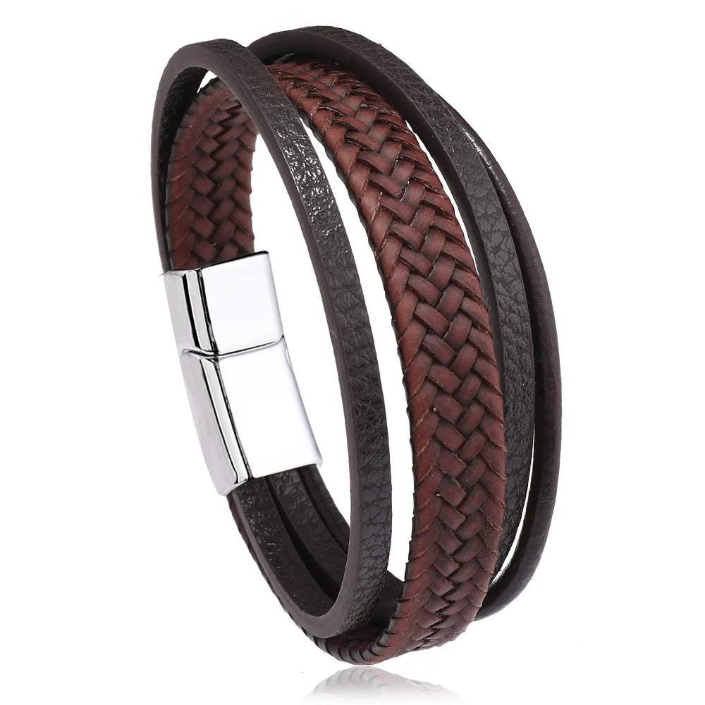 Trendy Leather Bracelets Men Stainless Steel Multilayer Braided