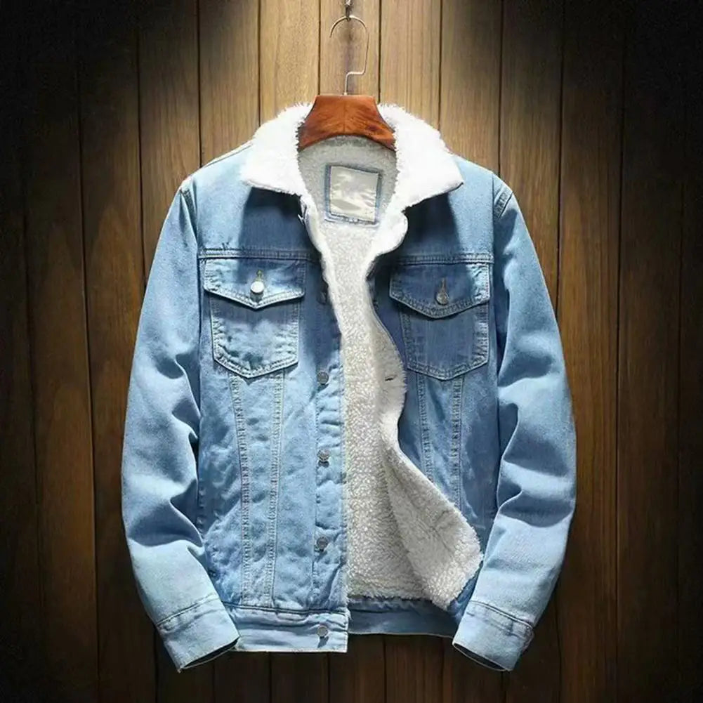 Men Jean Jacket Thicken Lamb Cashmere Lining Solid