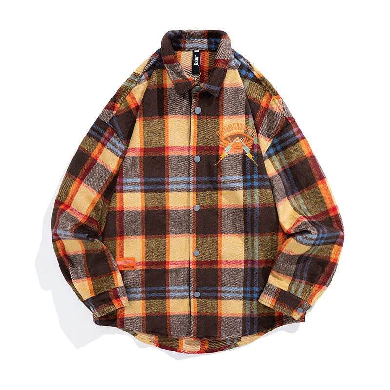 Japanese Fashion Purifying Eyeball Embroidered Plaid Shirt Men's