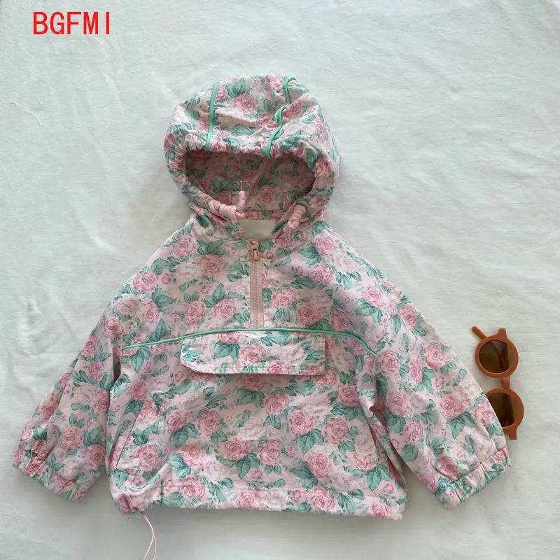 90-130cm Children's Pink Floral Flower Hooded Coat Toddler