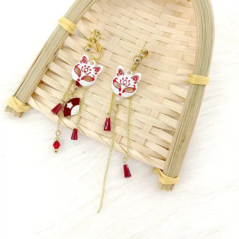 Vintage Fox Mask Earrings for Women Japanese Style